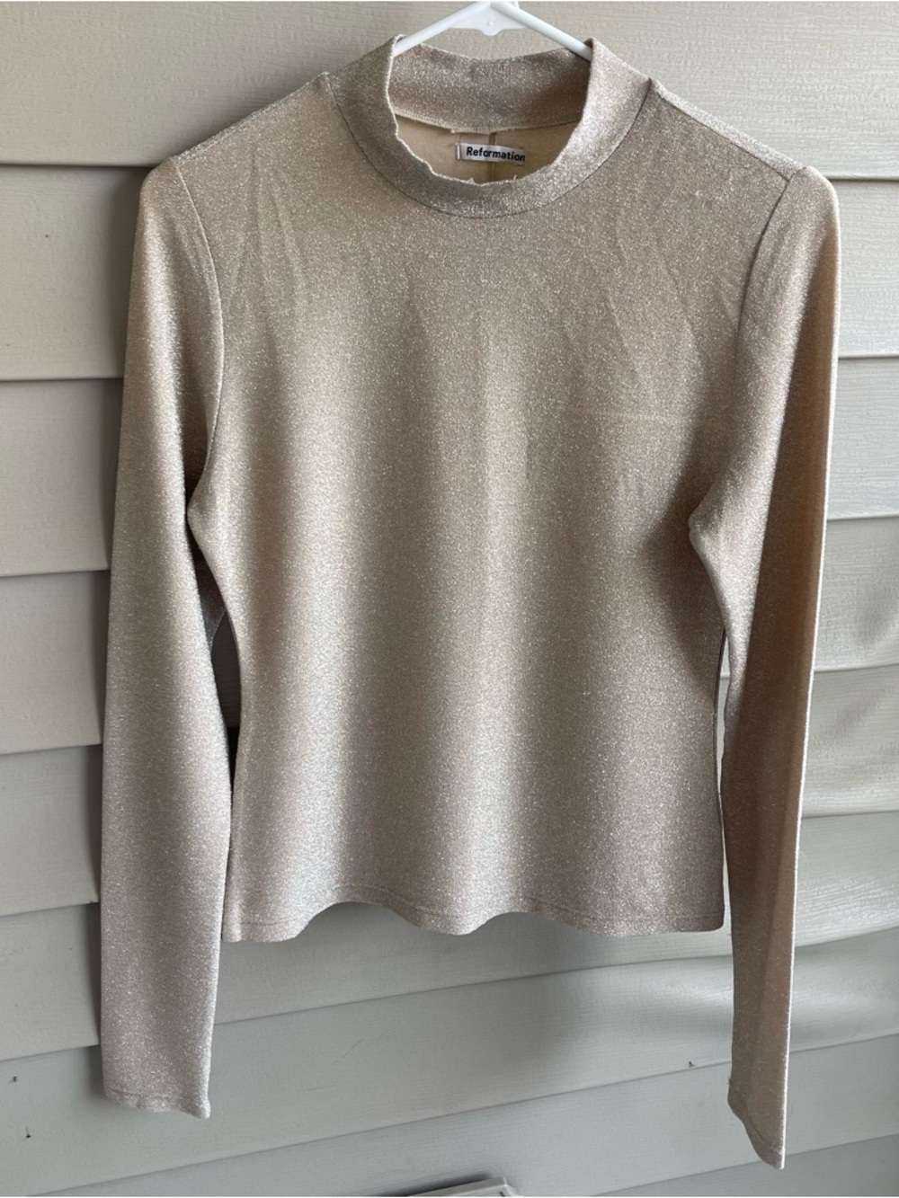 Reformation Junie Metallic Stretch Knit Top Gold‎ Beige Lurex Mock Neck Turtle L